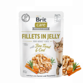 Пауч за котки Brit Care cat delicate fillets in JELLY with Fine Trout&Cod деликатни филенца от пъстърва и риба треска в желе, обогатен с морков и розмарин.Без зърнени култури.
